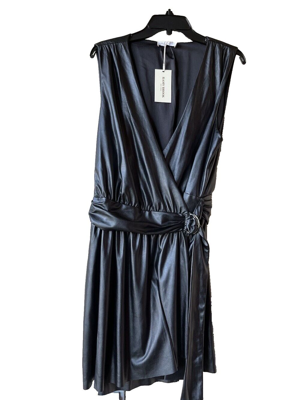 Ramy Brook women Lily Black Tie Wrap Vegan Faux Leather Mini Dress size 14 $425 - Picture 6 of 13